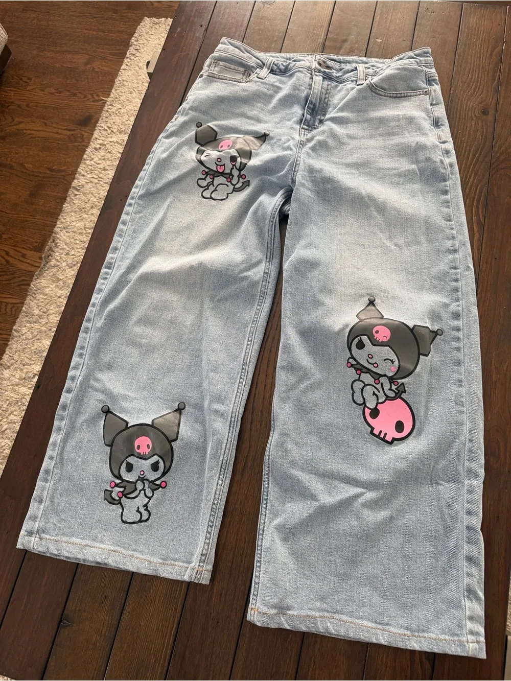 Sanrio Light Blue Wide-Leg Jeans with Pink & Black Character Prints